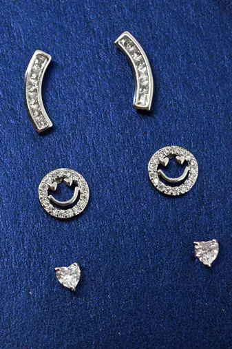 fancy smiling face shape cz brass silver plated set of 3 combo stud earring for women and girls