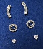 fancy smiling face shape cz brass silver plated set of 3 combo stud earring for women and girls