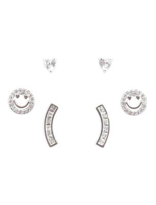 fancy smiling face shape cz brass silver plated set of 3 combo stud earring for women and girls 2