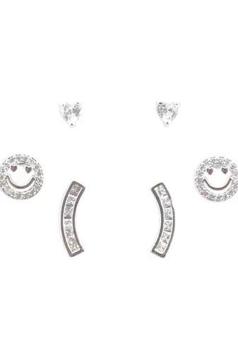 fancy smiling face shape cz brass silver plated set of 3 combo stud earring for women and girls