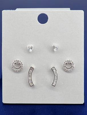 fancy smiling face shape cz brass silver plated set of 3 combo stud earring for women and girls 3