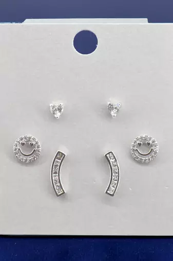fancy smiling face shape cz brass silver plated set of 3 combo stud earring for women and girls