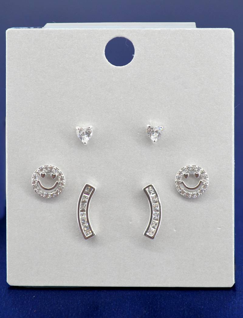 fancy smiling face shape cz brass silver plated set of 3 combo stud earring for women and girls