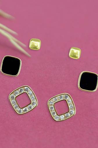 exotic square shape brass gold plated set of 3 combo stud earring for women and girls