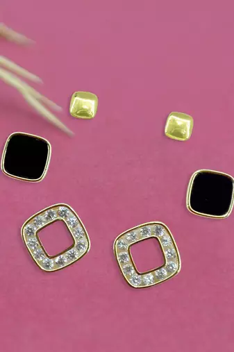 exotic square shape brass gold plated set of 3 combo stud earring for women and girls