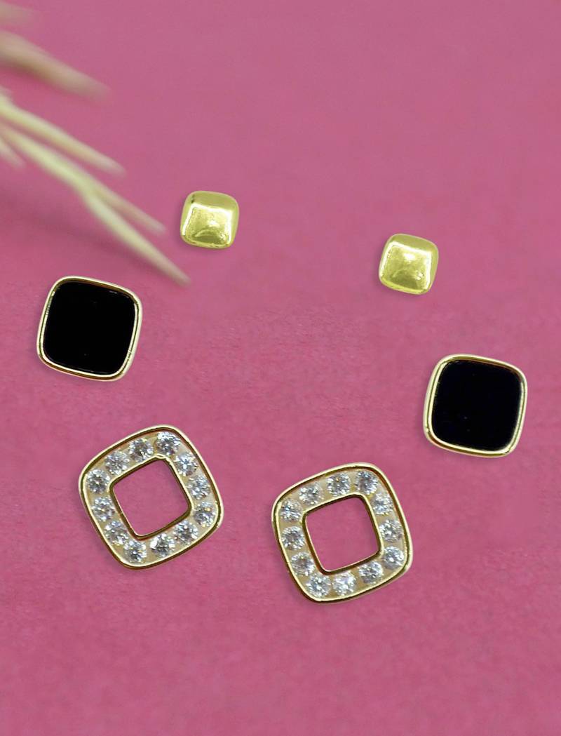 exotic square shape brass gold plated set of 3 combo stud earring for women and girls