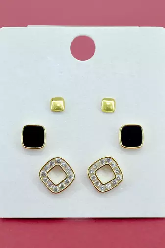 exotic square shape brass gold plated set of 3 combo stud earring for women and girls
