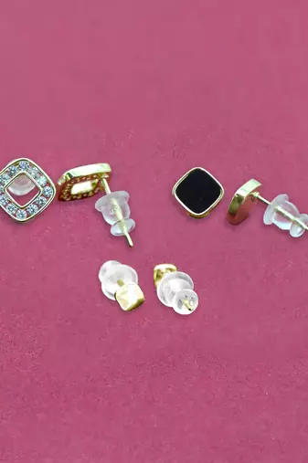 exotic square shape brass gold plated set of 3 combo stud earring for women and girls