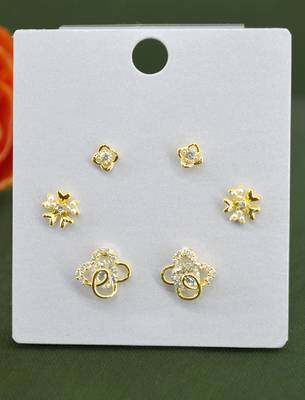 pretty flower design cz brass gold plated set of 3 combo stud earring for women and girls 3