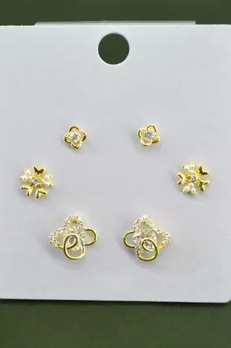 pretty flower design cz brass gold plated set of 3 combo stud earring for women and girls