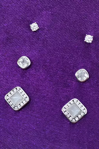 smooth square shape brass silver plated set of 3 combo stud earring for women and girls
