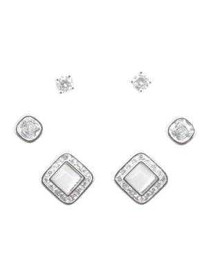 smooth square shape brass silver plated set of 3 combo stud earring for women and girls 2