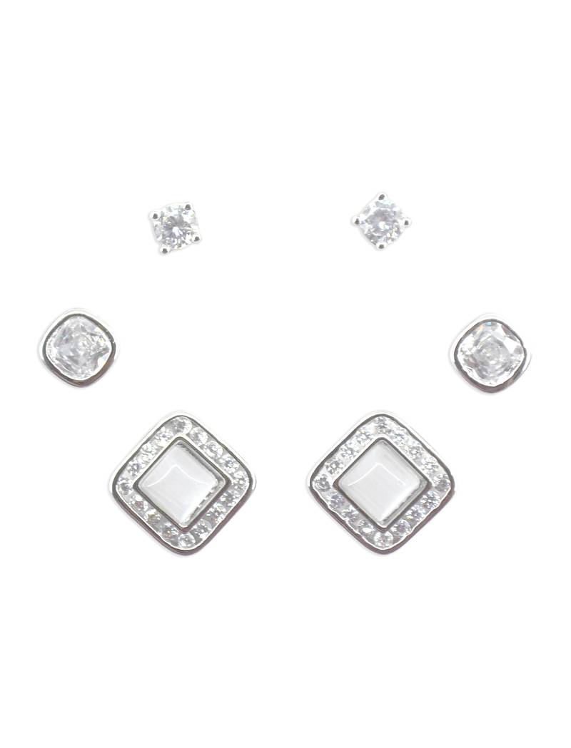smooth square shape brass silver plated set of 3 combo stud earring for women and girls