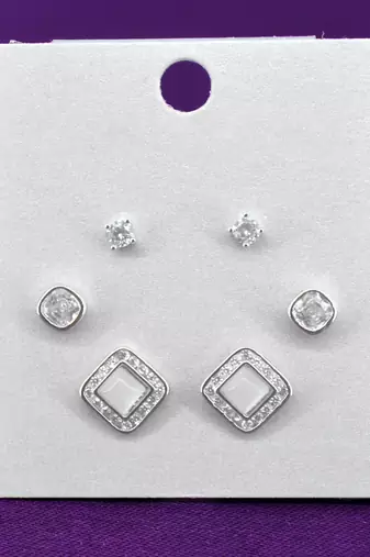 smooth square shape brass silver plated set of 3 combo stud earring for women and girls