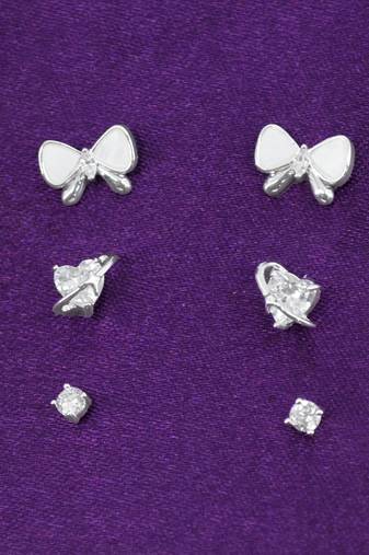 butterfly and heart shape cz brass silver plated set of 3 combo stud earring for women and girls