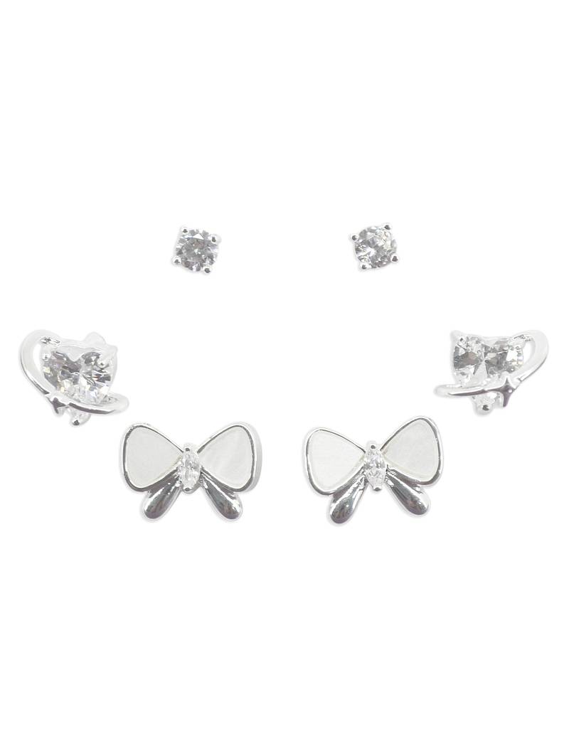 butterfly and heart shape cz brass silver plated set of 3 combo stud earring for women and girls