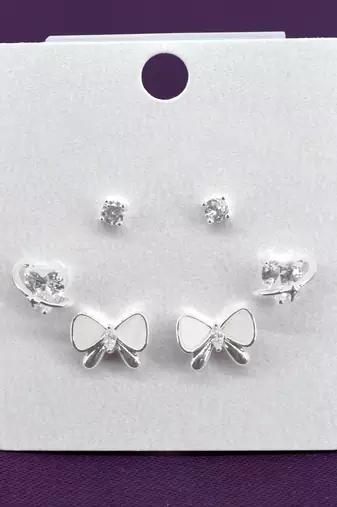 butterfly and heart shape cz brass silver plated set of 3 combo stud earring for women and girls