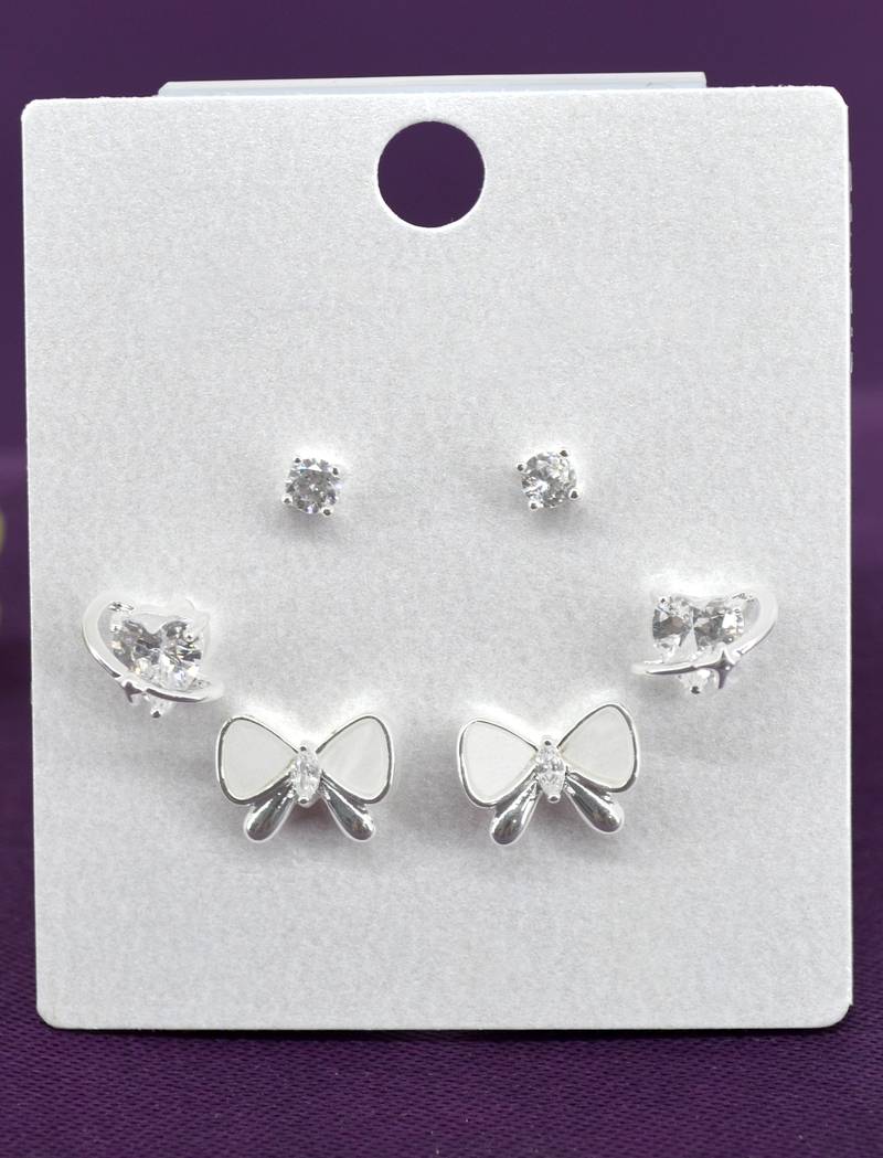butterfly and heart shape cz brass silver plated set of 3 combo stud earring for women and girls