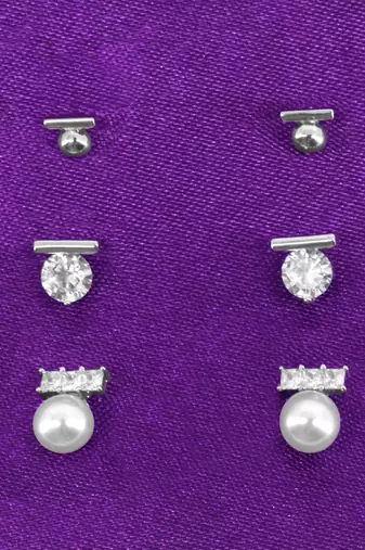 superb round shape pearl brass silver plated set of 3 combo stud earring for women and girls
