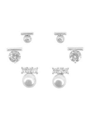 superb round shape pearl brass silver plated set of 3 combo stud earring for women and girls 2