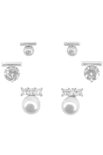 superb round shape pearl brass silver plated set of 3 combo stud earring for women and girls