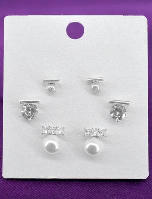 superb round shape pearl brass silver plated set of 3 combo stud earring for women and girls 3