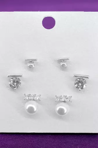 superb round shape pearl brass silver plated set of 3 combo stud earring for women and girls