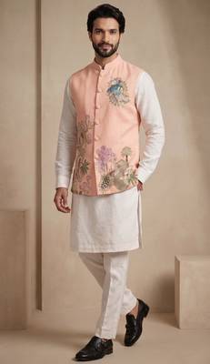 Men embroidered designer kurta trouser and waistcoat set 4