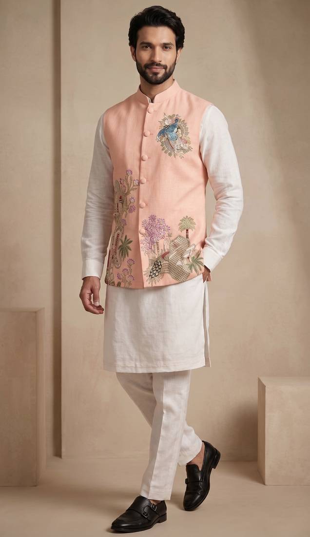 Men embroidered designer kurta trouser and waistcoat set