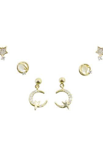 star and universal design cz brass gold plated set of 3 combo stud earring for women and girls