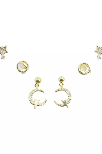 star and universal design cz brass gold plated set of 3 combo stud earring for women and girls