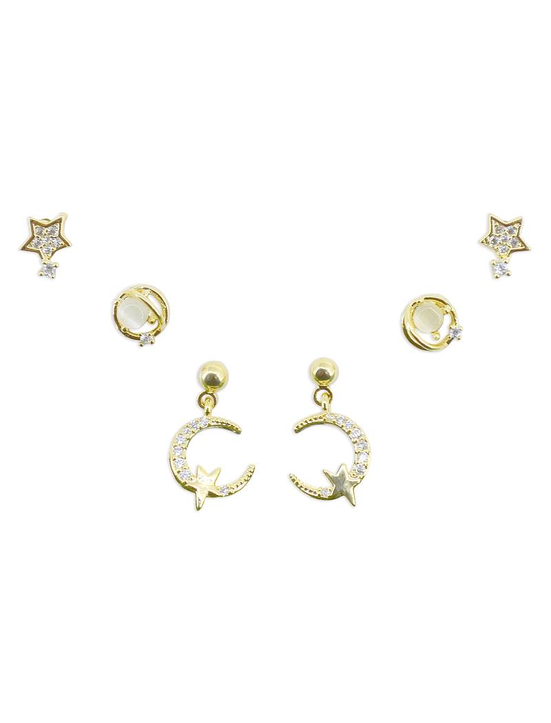 star and universal design cz brass gold plated set of 3 combo stud earring for women and girls
