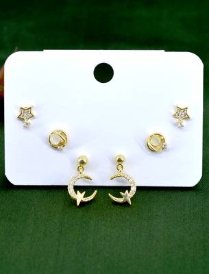 star and universal design cz brass gold plated set of 3 combo stud earring for women and girls 2