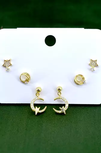 star and universal design cz brass gold plated set of 3 combo stud earring for women and girls
