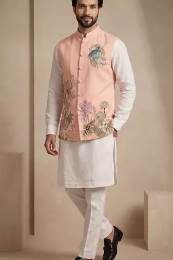 Men embroidered designer kurta trouser and waistcoat set
