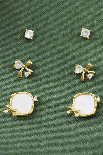 stylish heart and bow design cz brass gold plated set of 3 combo stud earring for women and girls