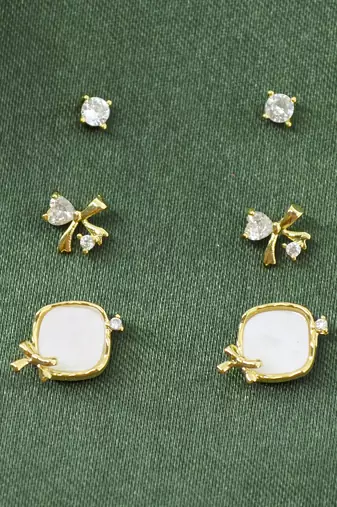 stylish heart and bow design cz brass gold plated set of 3 combo stud earring for women and girls