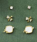 stylish heart and bow design cz brass gold plated set of 3 combo stud earring for women and girls