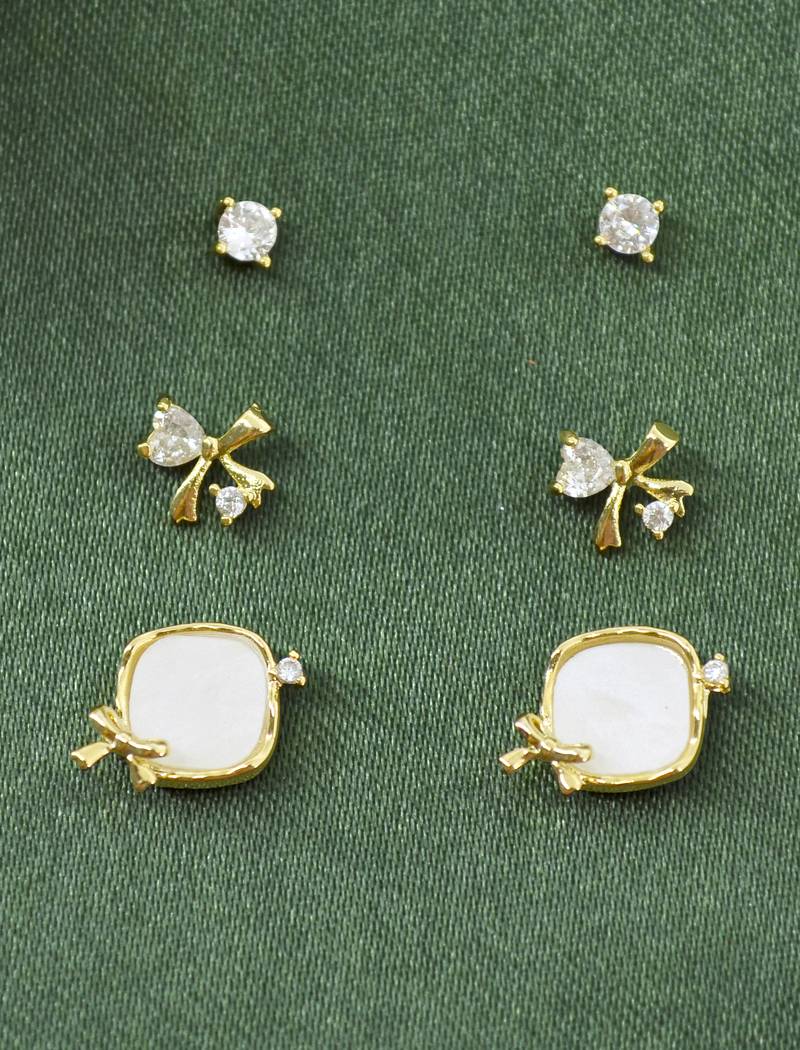 stylish heart and bow design cz brass gold plated set of 3 combo stud earring for women and girls