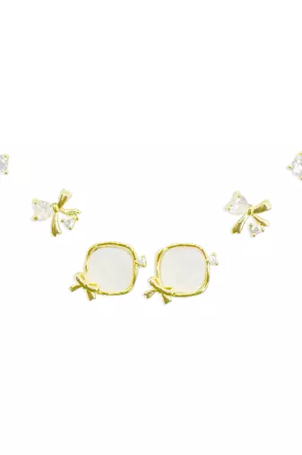 stylish heart and bow design cz brass gold plated set of 3 combo stud earring for women and girls