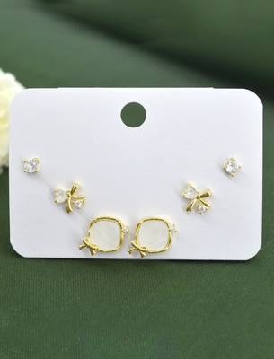 stylish heart and bow design cz brass gold plated set of 3 combo stud earring for women and girls 3