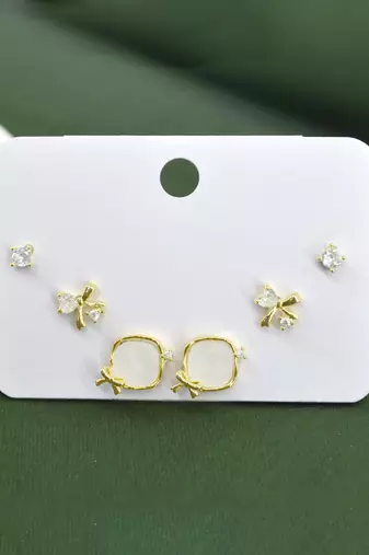 stylish heart and bow design cz brass gold plated set of 3 combo stud earring for women and girls