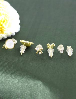 stylish heart and bow design cz brass gold plated set of 3 combo stud earring for women and girls 4