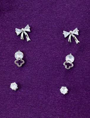 modern bow design cz brass silver plated set of 3 combo stud earring for women and girls 1