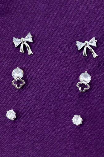 modern bow design cz brass silver plated set of 3 combo stud earring for women and girls