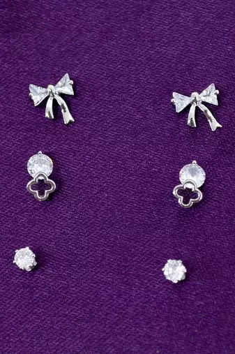 modern bow design cz brass silver plated set of 3 combo stud earring for women and girls