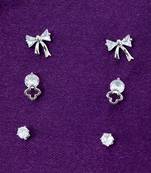 modern bow design cz brass silver plated set of 3 combo stud earring for women and girls