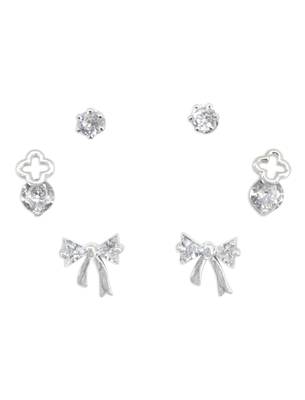 modern bow design cz brass silver plated set of 3 combo stud earring for women and girls 2