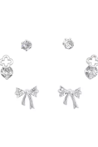 modern bow design cz brass silver plated set of 3 combo stud earring for women and girls