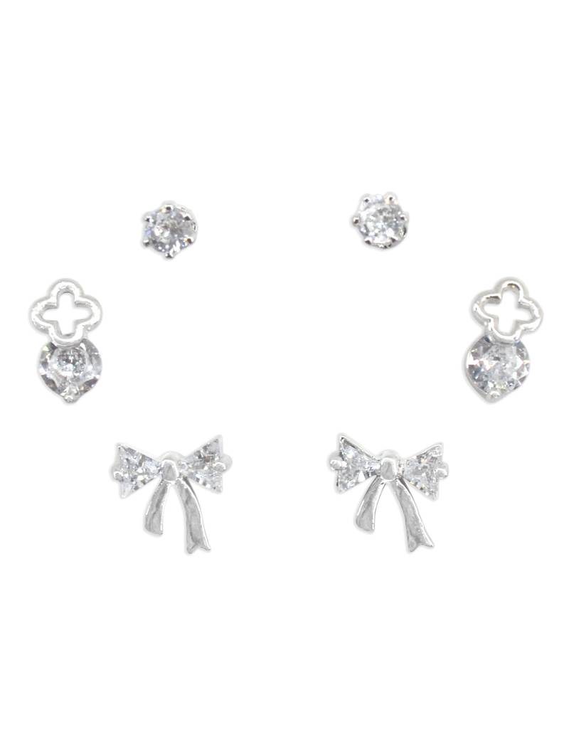 modern bow design cz brass silver plated set of 3 combo stud earring for women and girls
